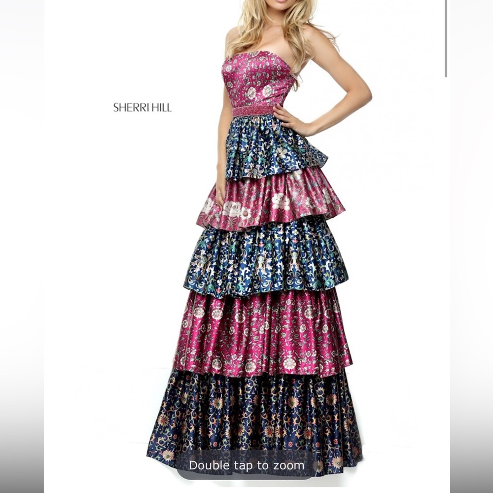 Sherri Hill 50791 Pink and Blue Floral Tiered Dress